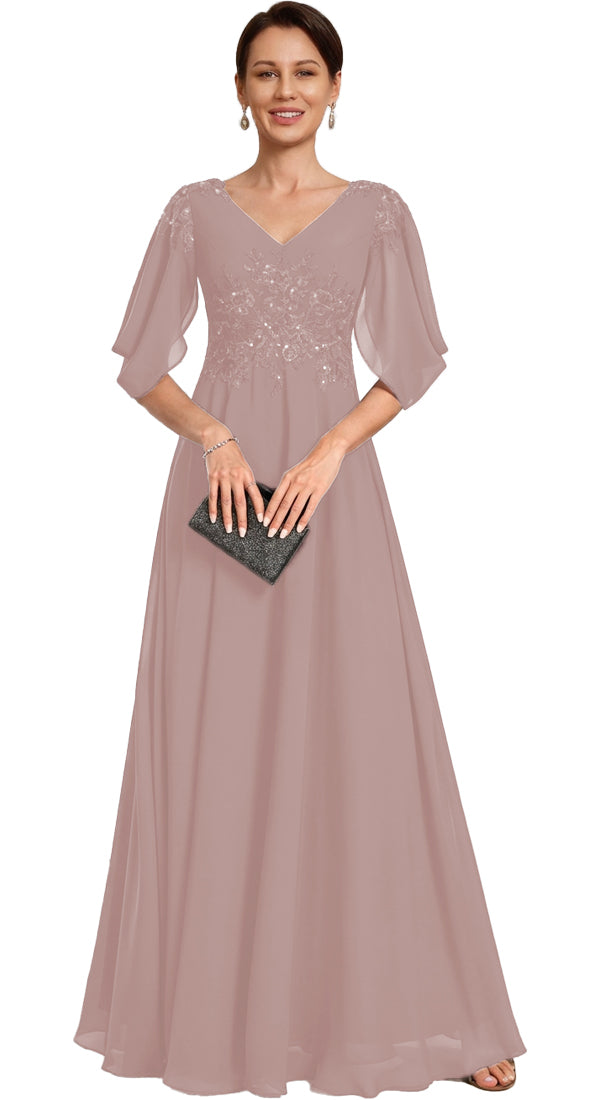 V Neck Chiffon A Line Sequin Lace Dress