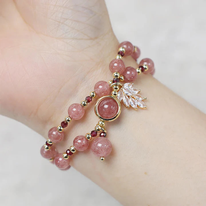 Strawberry Quartz Maple Leaf Double Wrap Bracelet