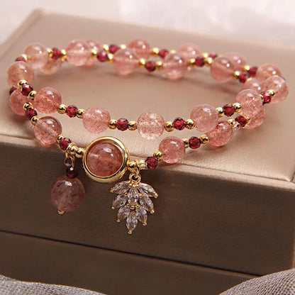 Strawberry Quartz Maple Leaf Double Wrap Bracelet