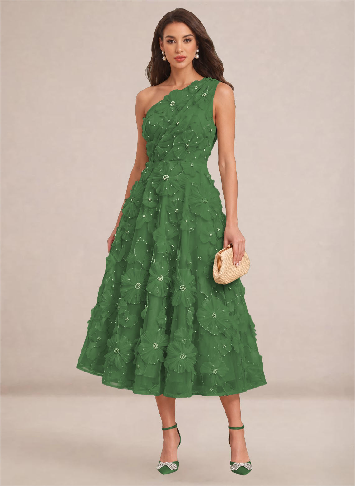 Floral One Shoulder A-line Midi Formal Wedding Guest Dresses