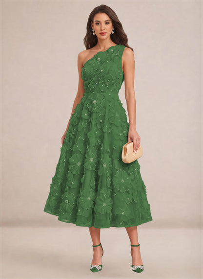 Floral One Shoulder A-line Midi Formal Wedding Guest Dresses