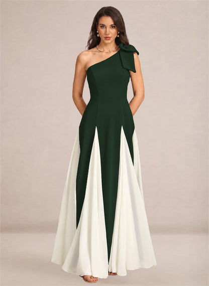 Satin One Shoulder A-line Patchwork Maxi Dress