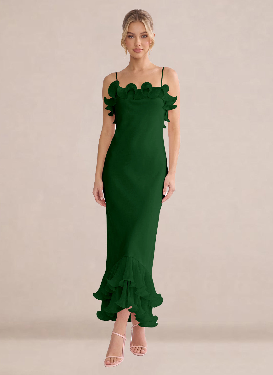 Ruffles Chiffon Layer Midi Formal Wedding Guest Dresses