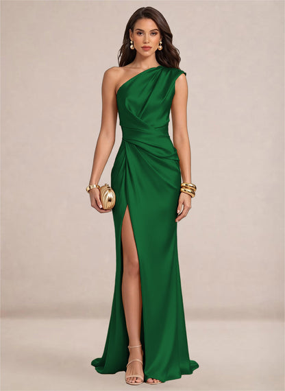 Satin One Shoulder Ruffles Mermaid Maxi Dress with Slit
