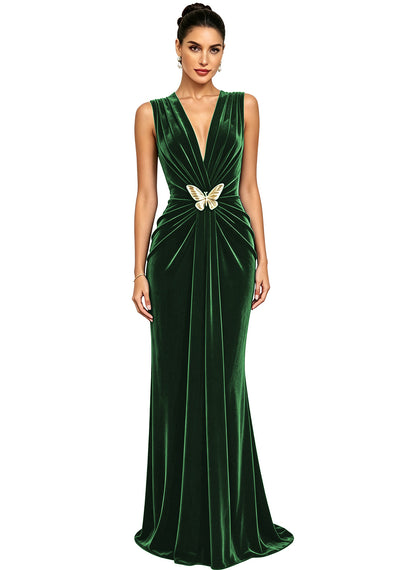 Women's Velvet V Neck Mermaid Formal Wedding Guest Dress