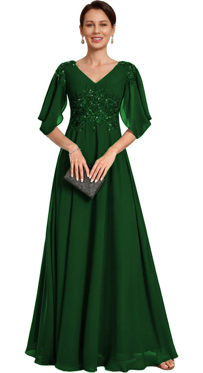 V Neck Chiffon A Line Sequin Lace Dress