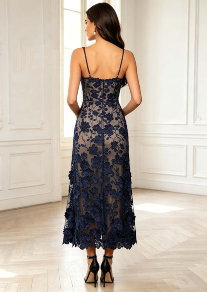 floral appliqued backless long formal dress