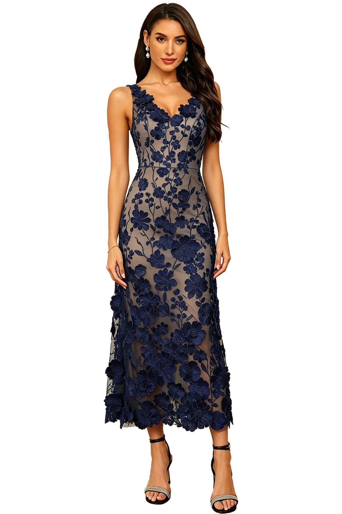 floral appliqued v neck long formal dress