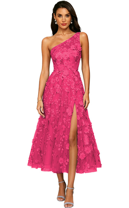 Floral Appliqued One Shoulder Long Formal Dress