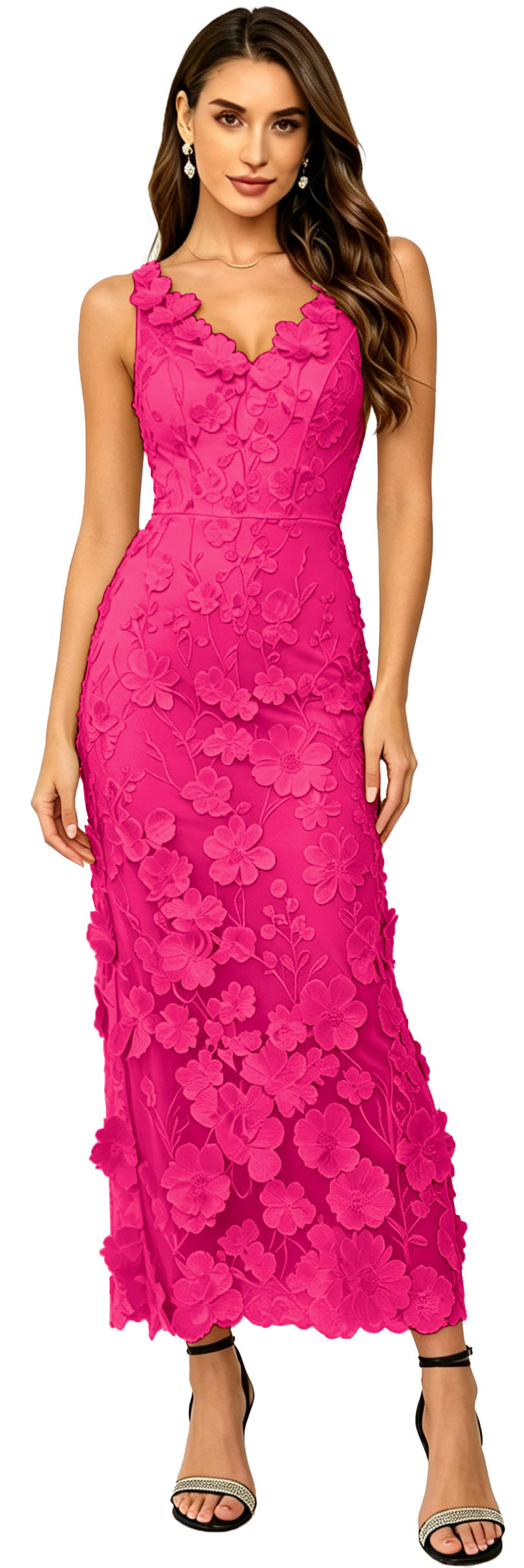 Floral Appliqued V Neck Long Formal Dress