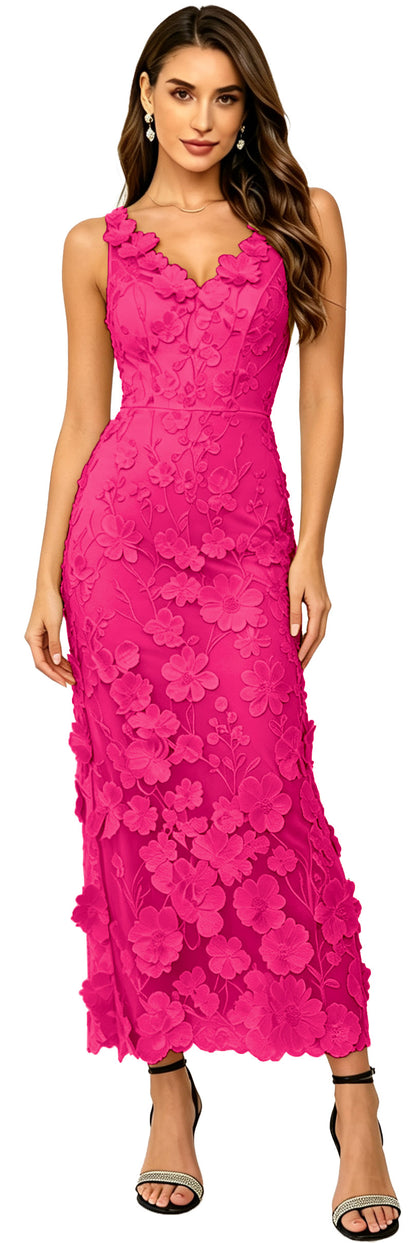 Floral Appliqued V Neck Long Formal Dress