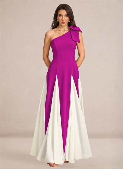Satin One Shoulder A-line Patchwork Maxi Dress