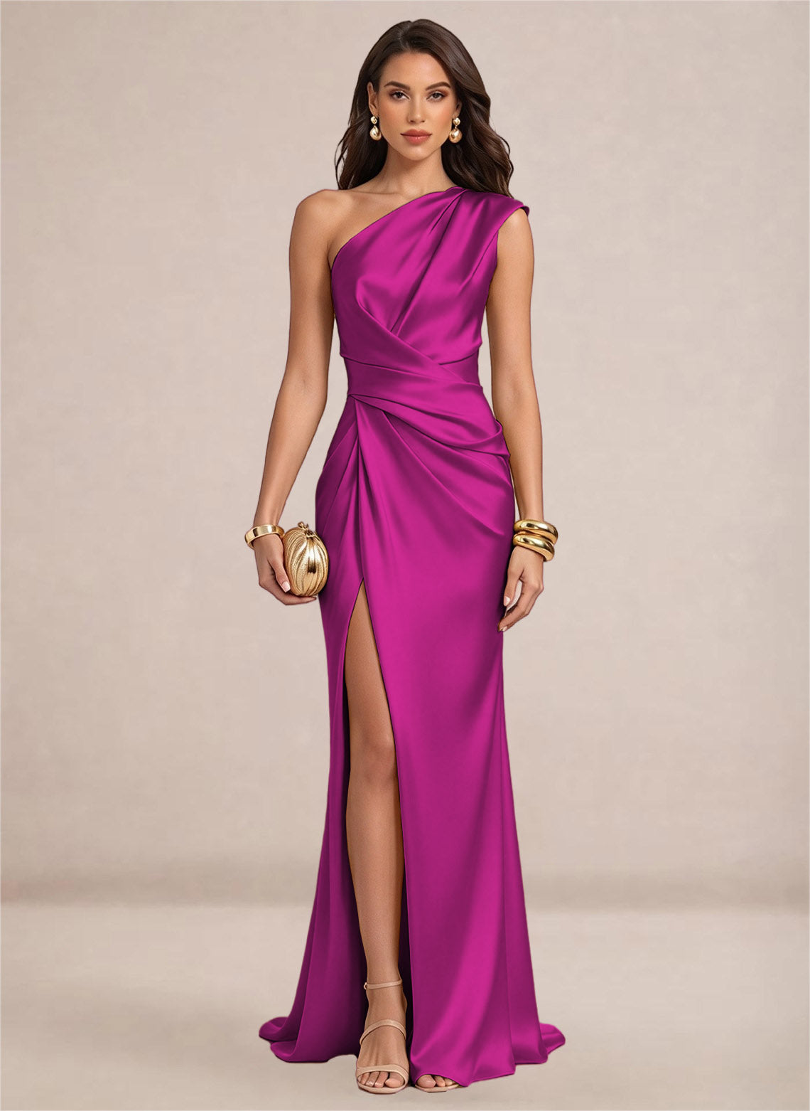 Satin One Shoulder Ruffles Mermaid Maxi Dress with Slit