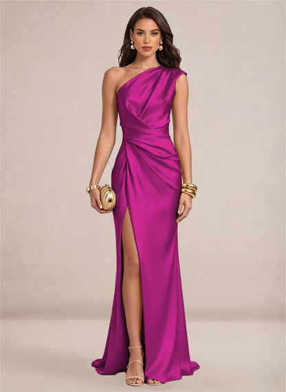 Satin One Shoulder Ruffles Mermaid Maxi Dress with Slit