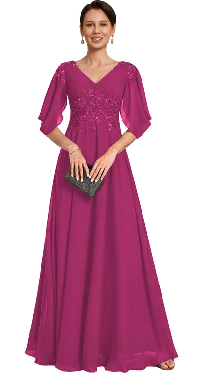 V Neck Chiffon A Line Sequin Lace Dress