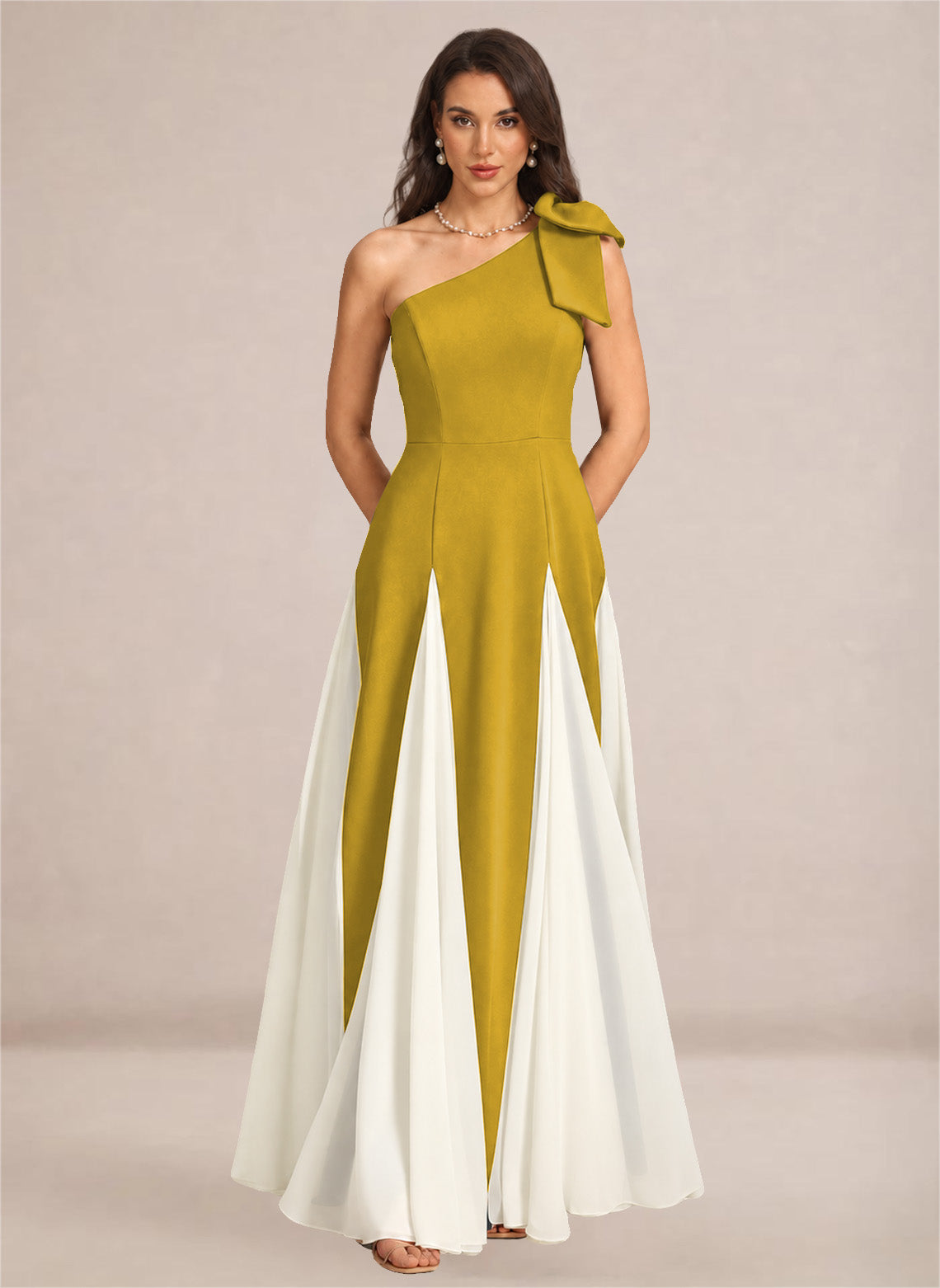 Satin One Shoulder A-line Patchwork Maxi Dress
