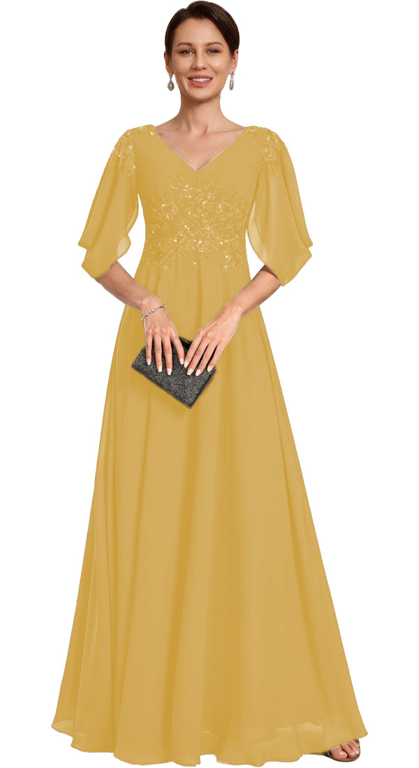 V Neck Chiffon A Line Sequin Lace Dress
