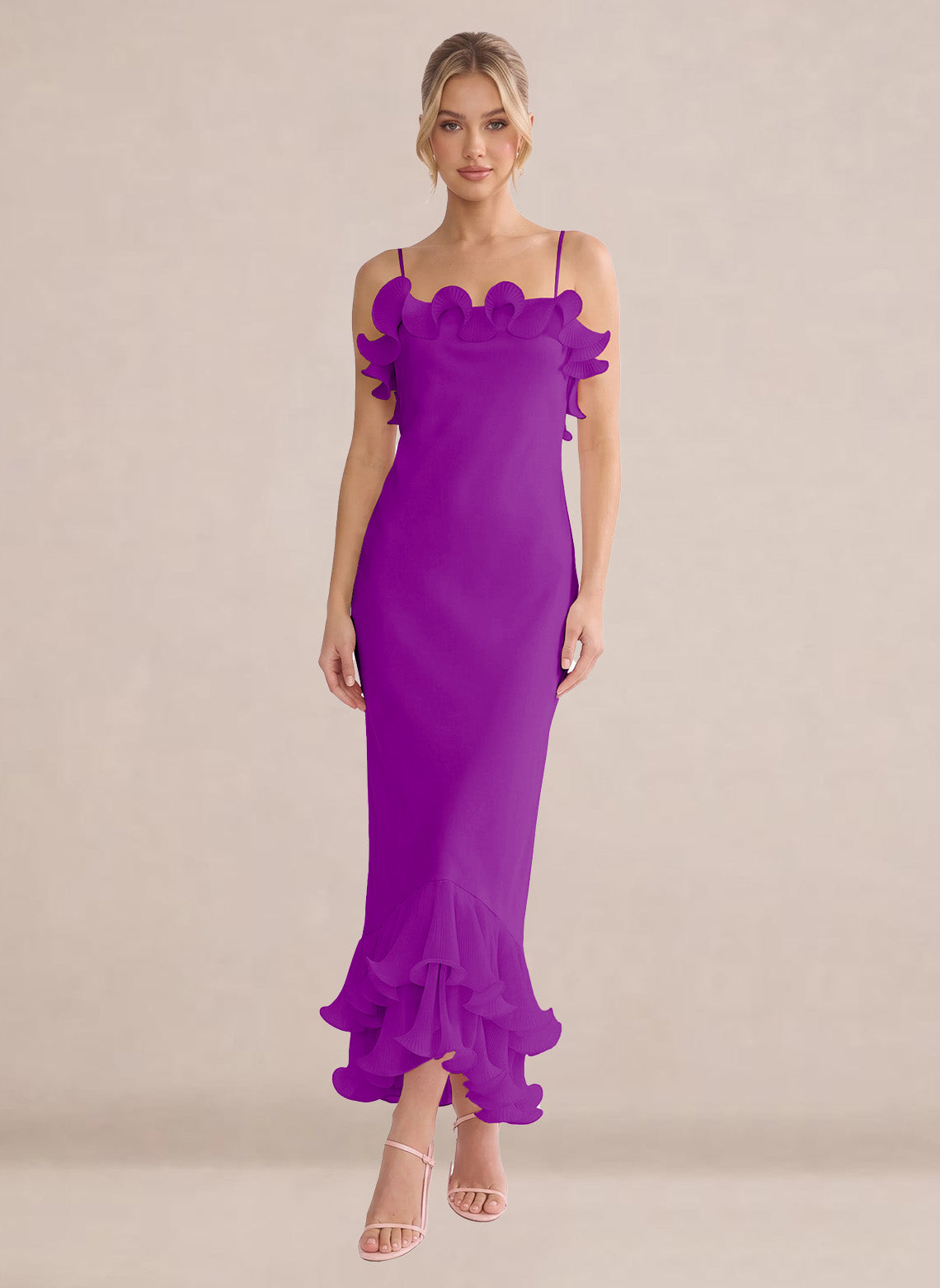Ruffles Chiffon Layer Midi Formal Wedding Guest Dresses