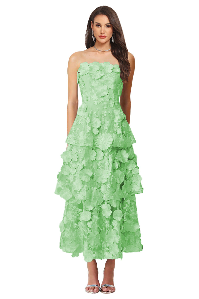 Floral Appliqued Tea Length Formal Wedding Guest Dress