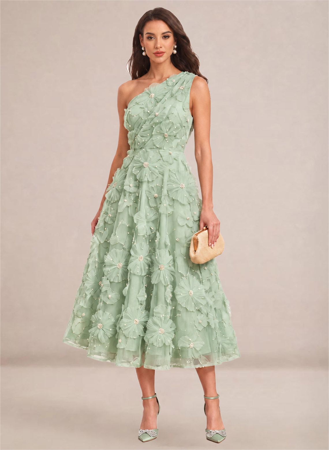 Women's Floral One Shoulder A Line Pearl Formal Wedding Guest Dress Green 1