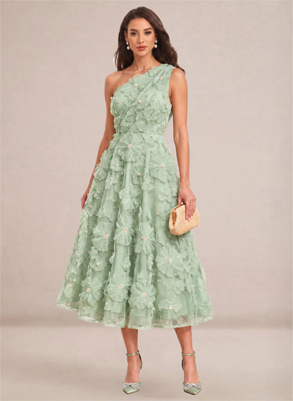 Women's Floral One Shoulder A Line Pearl Formal Wedding Guest Dress Green 1