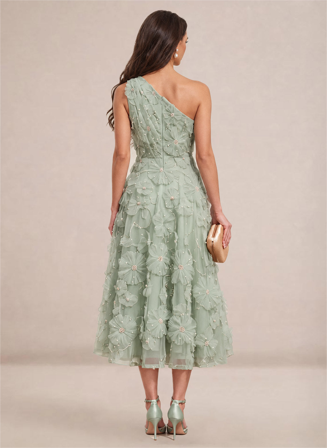 Women's Floral One Shoulder A Line Pearl Formal Wedding Guest Dress Green 2