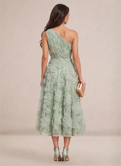 Women's Floral One Shoulder A Line Pearl Formal Wedding Guest Dress Green 2