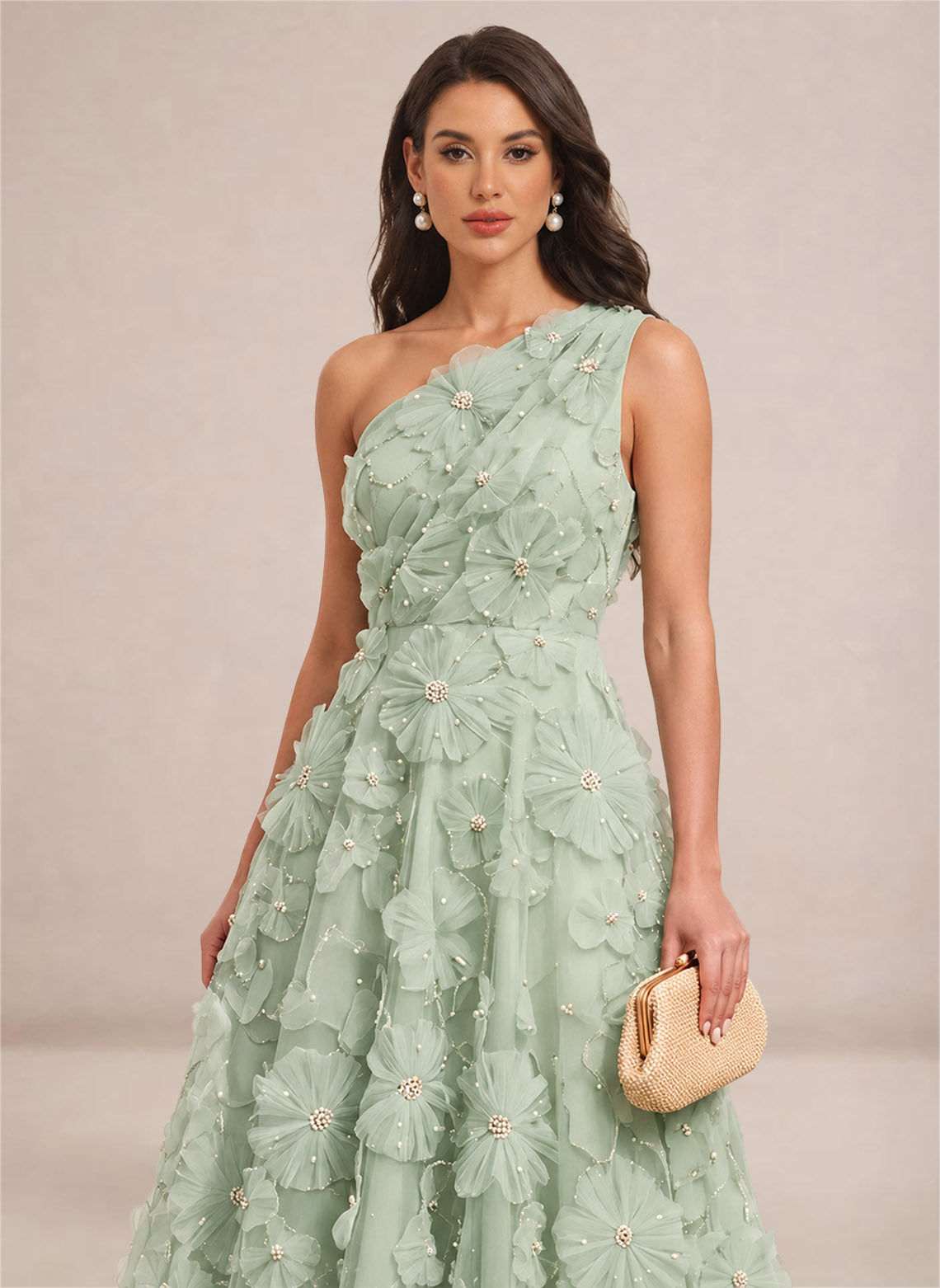 Women's Floral One Shoulder A Line Pearl Formal Wedding Guest Dress Green 3