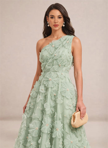 Women's Floral One Shoulder A Line Pearl Formal Wedding Guest Dress Green 3