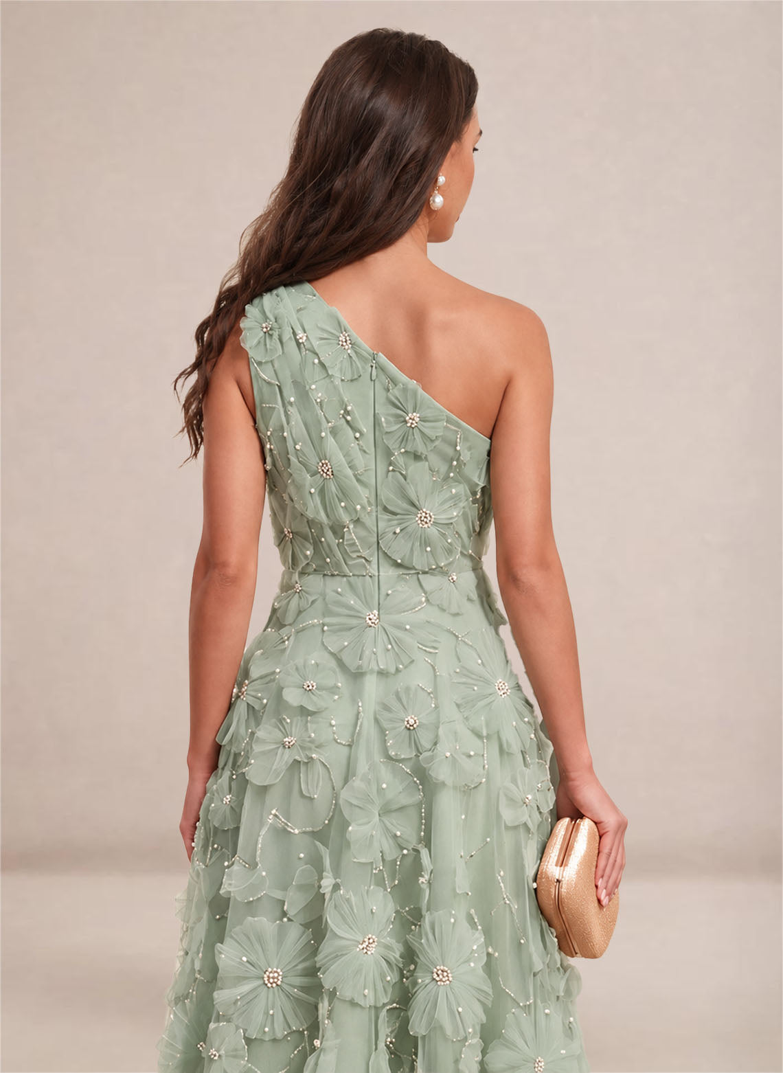 Women's Floral One Shoulder A Line Pearl Formal Wedding Guest Dress Green 4