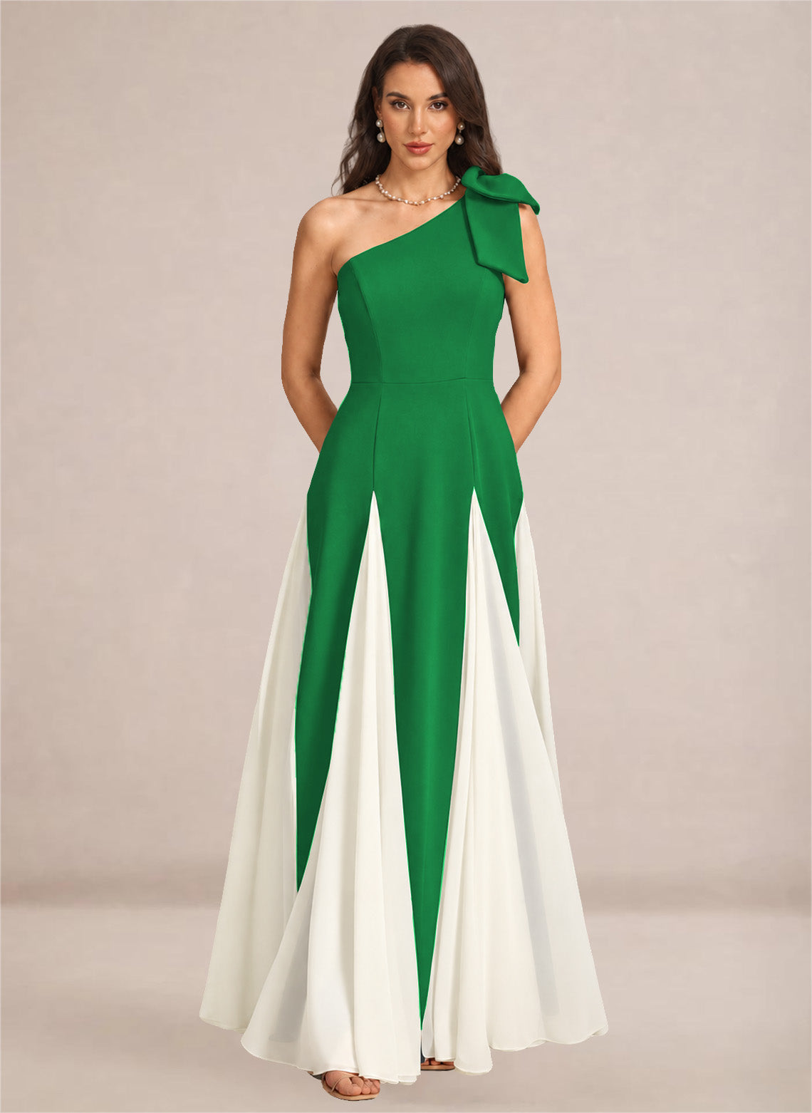 Satin One Shoulder A-line Patchwork Maxi Dress
