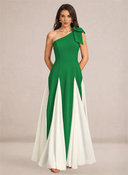 Satin One Shoulder A-line Patchwork Maxi Dress