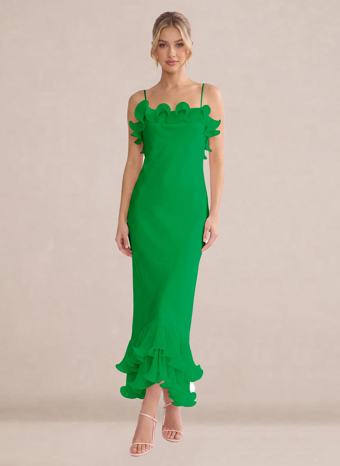 Ruffles Chiffon Layer Midi Formal Wedding Guest Dresses