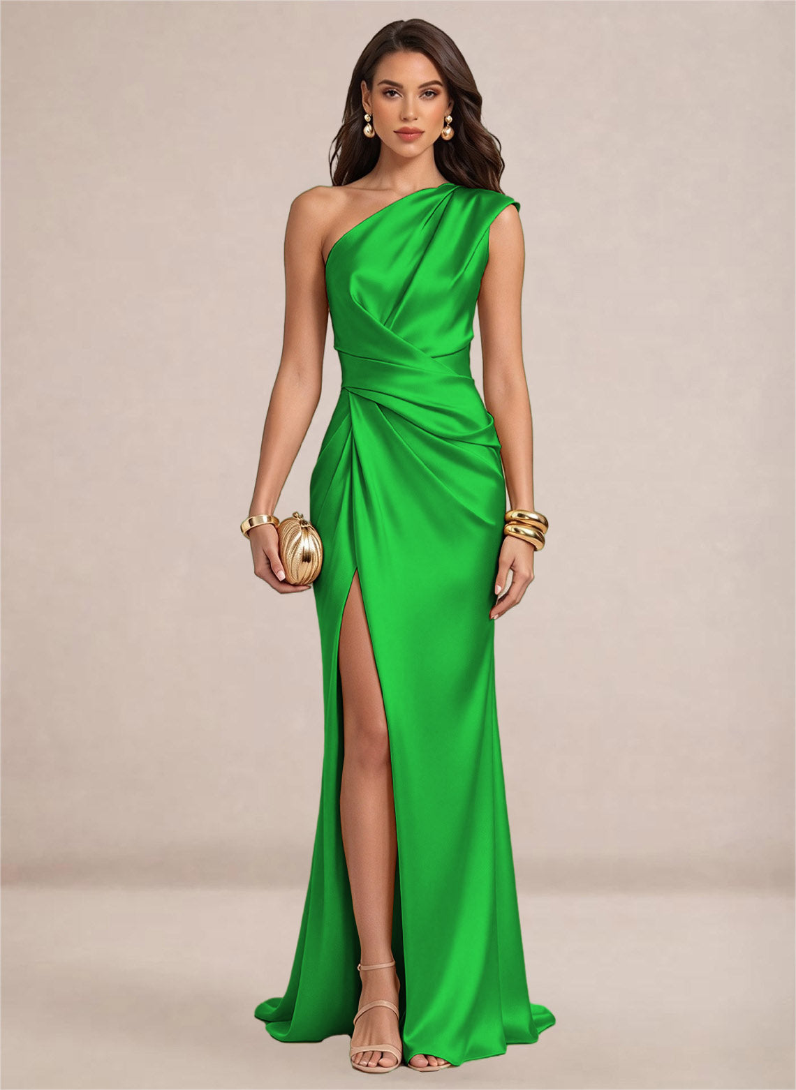 Satin One Shoulder Ruffles Mermaid Maxi Dress with Slit