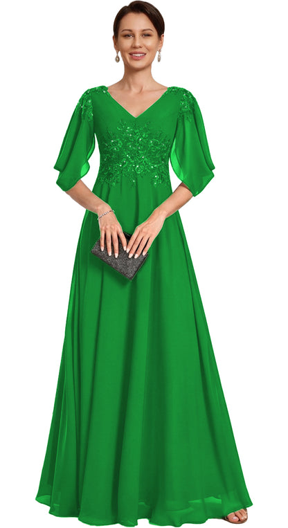 V Neck Chiffon A Line Sequin Lace Dress