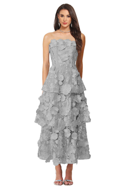 Floral Appliqued Tea Length Formal Wedding Guest Dress