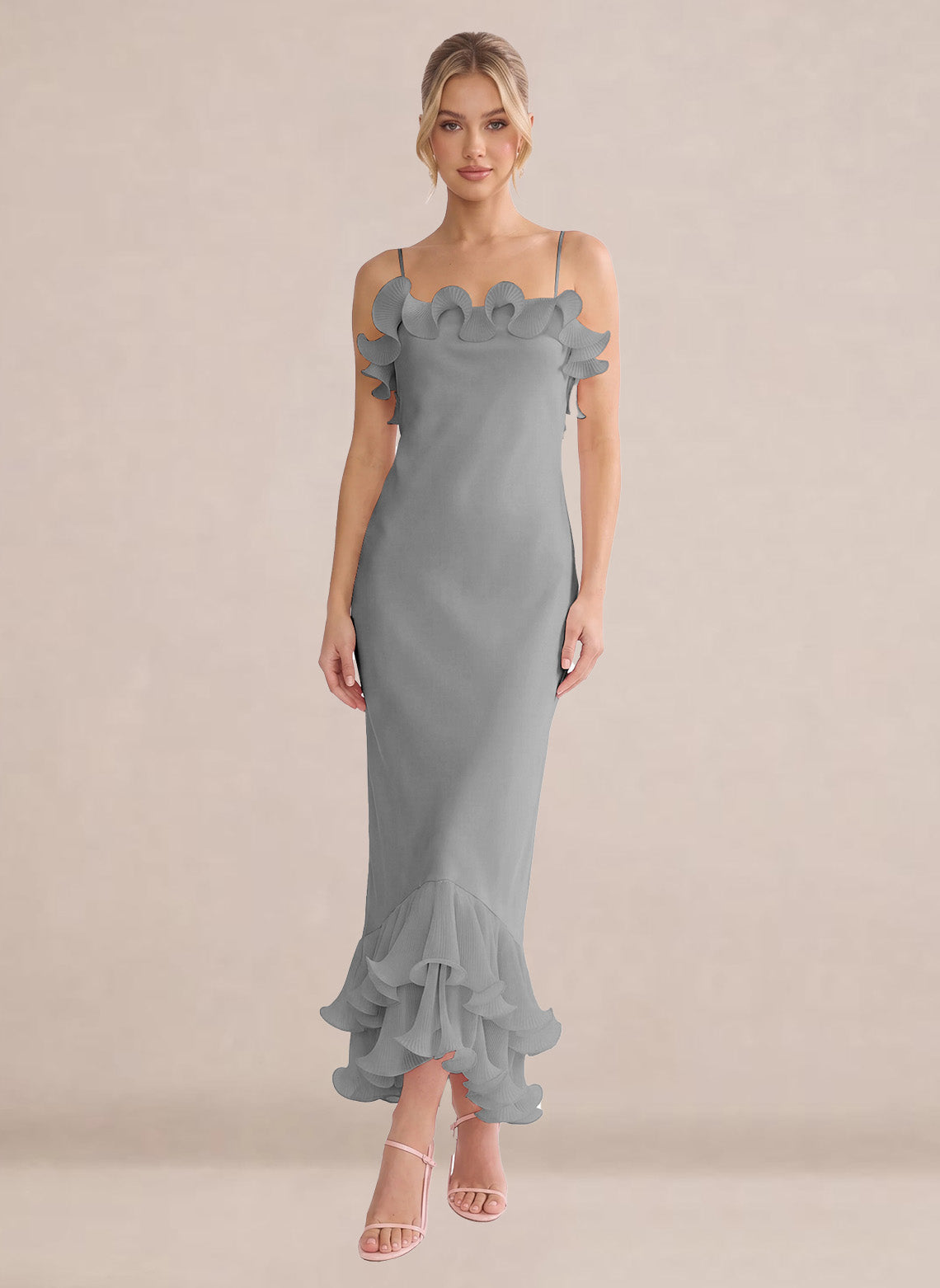 Ruffles Chiffon Layer Midi Formal Wedding Guest Dresses