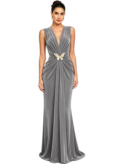 Women's Velvet V Neck Mermaid Formal Wedding Guest Dress