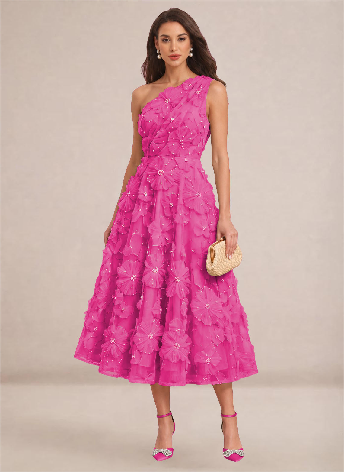 Floral One Shoulder A-line Midi Formal Wedding Guest Dresses