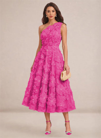 Floral One Shoulder A-line Midi Formal Wedding Guest Dresses