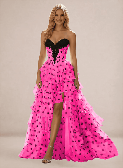 Polka Dots Strapless Tiered Ball Gown Prom Dresses
