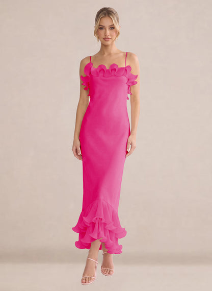 Ruffles Chiffon Layer Midi Formal Wedding Guest Dresses