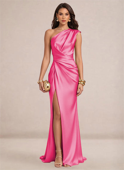 Satin One Shoulder Ruffles Mermaid Maxi Dress with Slit
