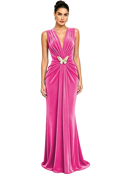 Women's Velvet V Neck Mermaid Formal Wedding Guest Dress
