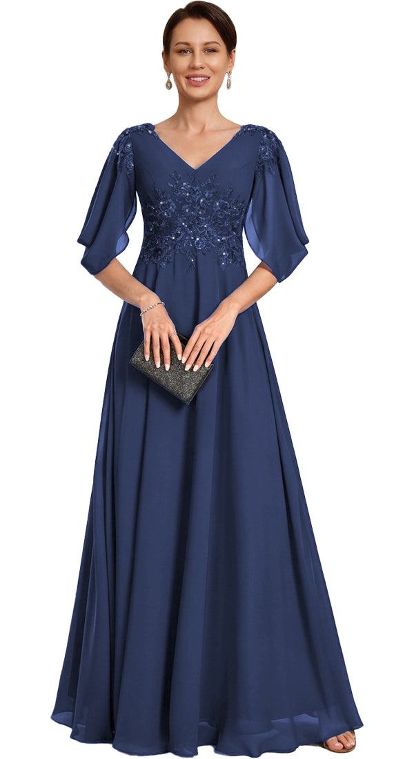 V Neck Chiffon A Line Sequin Lace Dress