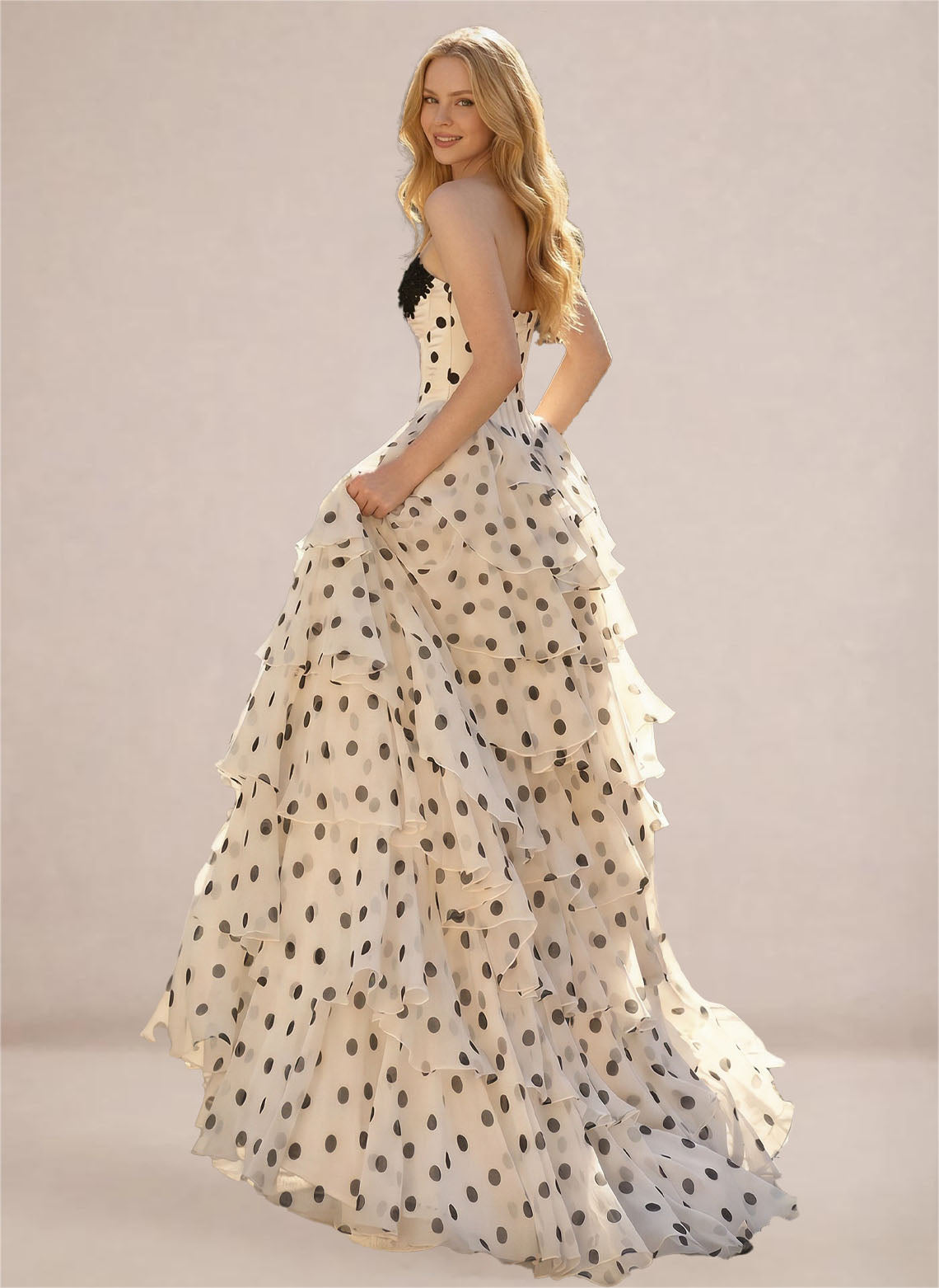 Women's Ivory Polka Dots Strapless Tiered Ball Gown Prom Dresses 2
