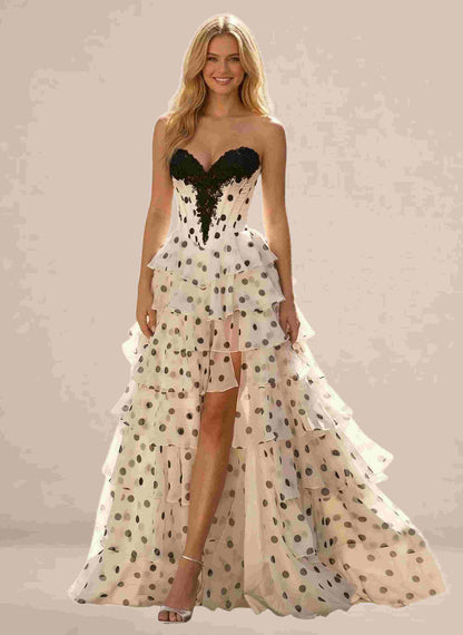 Polka Dots Strapless Tiered Ball Gown Prom Dresses