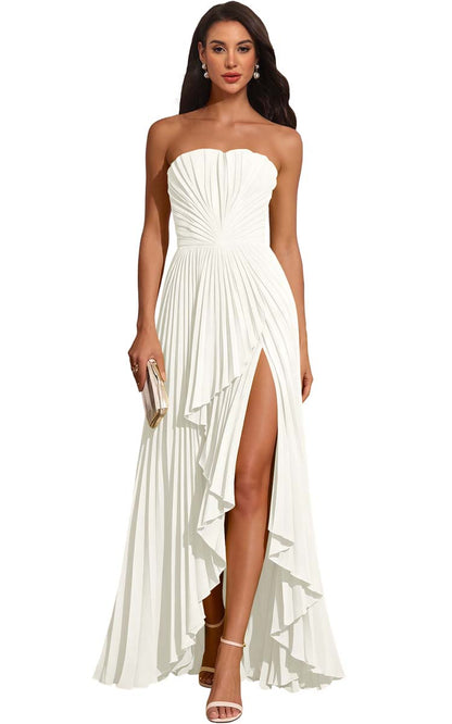 Strapless Pleated Lemon Yellow Chiffon Evening Gown High Slit Ruffle Maxi Dress