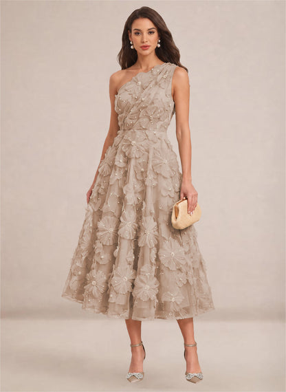 Floral One Shoulder A-line Midi Formal Wedding Guest Dresses