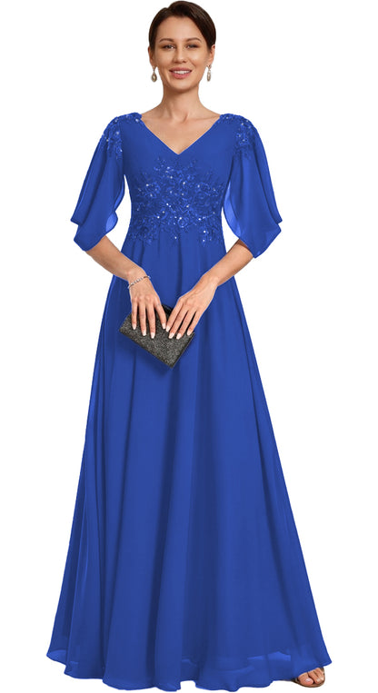 V Neck Chiffon A Line Sequin Lace Dress